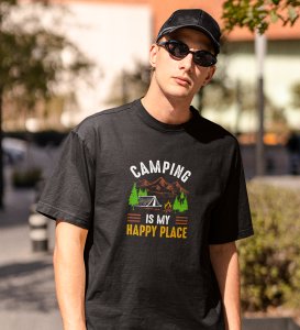JD.TRENDS My Happy Place Black Round Neck Cotton Half Sleeved Men's T-Shirt with Printed Graphics