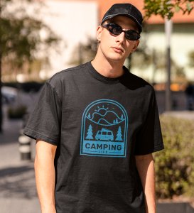 JD.TRENDS Camping Life Black Round Neck Cotton Half Sleeved Men's T-Shirt with Printed Graphics
