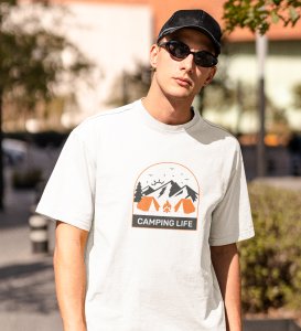 JD.TRENDS Camping Life (White) White Round Neck Cotton Half Sleeved Men's T-Shirt with Printed Graphics