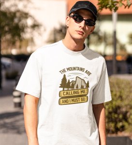 JD.TRENDS The Mountain's Call White Round Neck Cotton Half Sleeved Men's T-Shirt with Printed Graphics