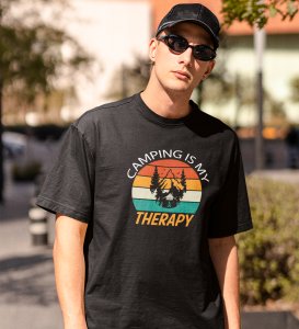 JD.TRENDS Camping Is My Therapy Black Round Neck Cotton Half Sleeved Men's T-Shirt with Printed Graphics