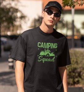JD.TRENDS Camping Squad Black Round Neck Cotton Half Sleeved Men's T-Shirt with Printed Graphics