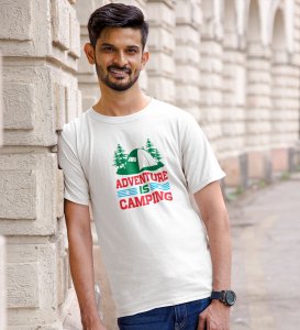 JD.TRENDS It's Camping White Round Neck Cotton Half Sleeved Men's T-Shirt with Printed Graphics