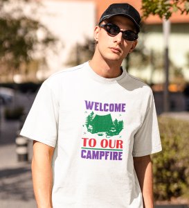 JD.TRENDS Welcome To Campfire White Round Neck Cotton Half Sleeved Men's T-Shirt with Printed Graphics