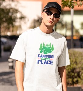 JD.TRENDS My Happy Place White Round Neck Cotton Half Sleeved Men's T-Shirt with Printed Graphics