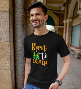 JD.TRENDS Born To Camp Black Round Neck Cotton Half Sleeved Men's T-Shirt with Printed Graphics