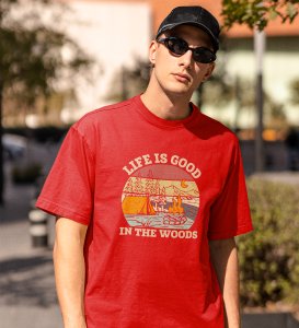 Life In The Woods Red Round Neck Cotton Half Sleeved Men's T-Shirt with Printed Graphics