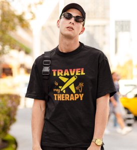 JD.TRENDS The Travel Therapy  Black Round Neck Cotton Half Sleeved Men's T-Shirt with Printed Graphics