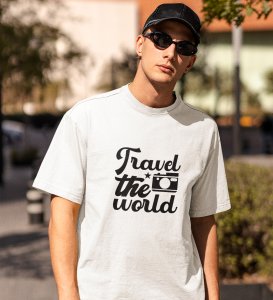 JD.TRENDS Travel The World White Round Neck Cotton Half Sleeved Men's T-Shirt with Printed Graphics