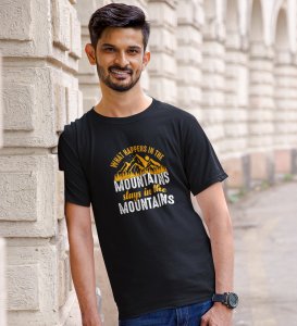 What happens in the mountain - Yellow Printed t-shirts - Clothes for travellers and riders -for mens - suitable for all kinds of Adventurous journey- best gifting item for friends and family.
