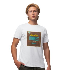 Chocolate Is My Happiness White Round Neck Cotton Half Sleeved Men's T-Shirt with Printed Graphics