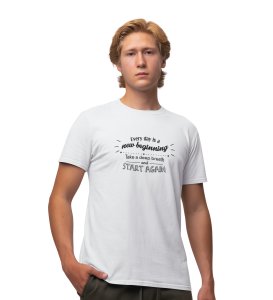 Start Again White Round Neck Cotton Half Sleeved Men's T-Shirt with Printed Graphics