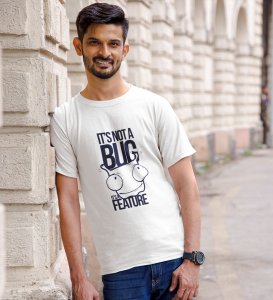 Bug Feature White Round Neck Cotton Half Sleeved Men's T-Shirt with Printed Graphics