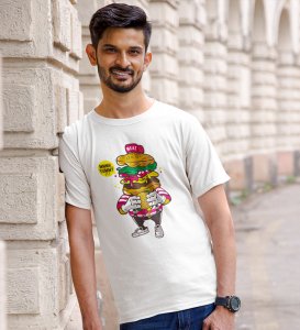 Hungry Burger White Round Neck Cotton Half Sleeved Men's T-Shirt with Printed Graphics