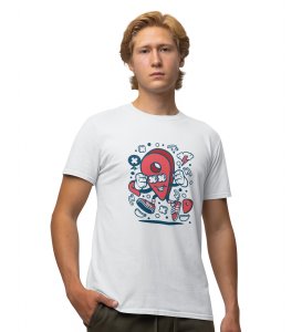 Location Pin Illustration Art White Round Neck Cotton Half Sleeved Men's T-Shirt with Printed Graphics