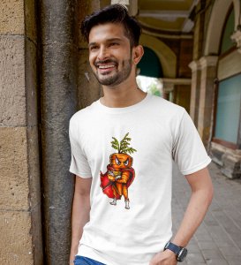 Super Carrot White Round Neck Cotton Half Sleeved Men's T-Shirt with Printed Graphics