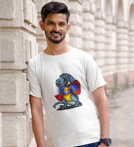 Super Dino White Round Neck Cotton Half Sleeved Men's T-Shirt with Printed Graphics