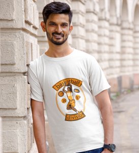 Basketball White Round Neck Cotton Half Sleeved Men's T-Shirt with Printed Graphics