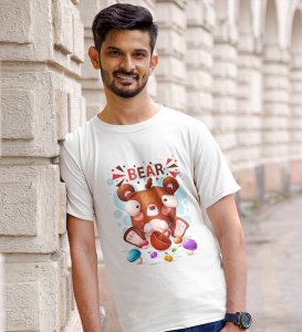 The Fruity Bear White Round Neck Cotton Half Sleeved Men's T-Shirt with Printed Graphics