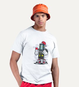 Retro Gamer White Round Neck Cotton Half Sleeved Men's T-Shirt with Printed Graphics