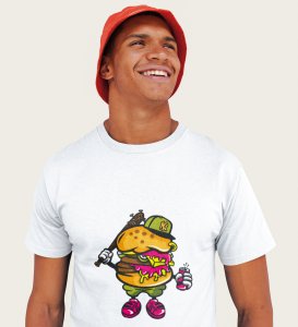 Burger Bash White Round Neck Cotton Half Sleeved Men's T-Shirt with Printed Graphics