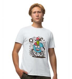 Pie In Hurry White Round Neck Cotton Half Sleeved Men's T-Shirt with Printed Graphics
