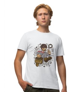 Vintage Fashion Car White Round Neck Cotton Half Sleeved Men's T-Shirt with Printed Graphics