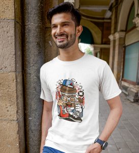 Cool Coffee White Round Neck Cotton Half Sleeved Men's T-Shirt with Printed Graphics