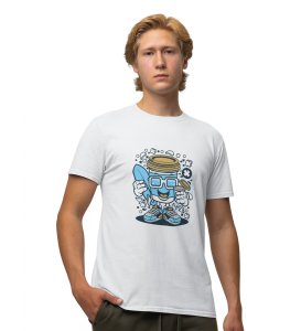 Cool Coffee Container White Round Neck Cotton Half Sleeved Men's T-Shirt with Printed Graphics