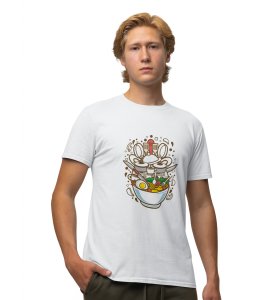 Messy Ramen White Round Neck Cotton Half Sleeved Men's T-Shirt with Printed Graphics