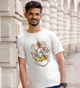 Messy Ramen White Round Neck Cotton Half Sleeved Men's T-Shirt with Printed Graphics