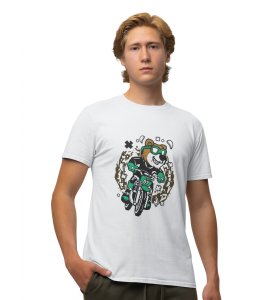 Rider Bear White Round Neck Cotton Half Sleeved Men's T-Shirt with Printed Graphics