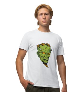 Monster Head White Round Neck Cotton Half Sleeved Men's T-Shirt with Printed Graphics
