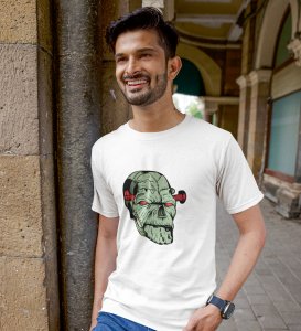 Green Monster Head White Round Neck Cotton Half Sleeved Men's T-Shirt with Printed Graphics