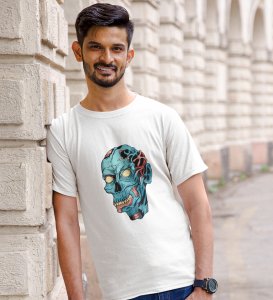 Blue Bloodcurdling White Round Neck Cotton Half Sleeved Men's T-Shirt with Printed Graphics