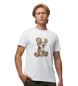 Cute Puppy White Round Neck Cotton Half Sleeved Men's T-Shirt with Printed Graphics