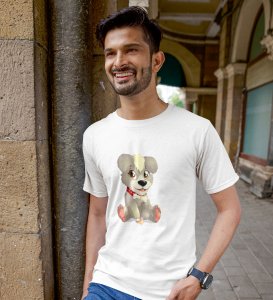 Cute Puppy White Round Neck Cotton Half Sleeved Men's T-Shirt with Printed Graphics