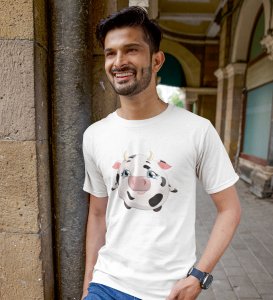Baby Moo White Round Neck Cotton Half Sleeved Men's T-Shirt with Printed Graphics