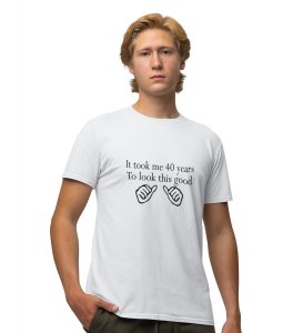 Journey Of 40 yrs White Round Neck Cotton Half Sleeved Men's T-Shirt with Printed Graphics