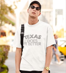 Texas White Round Neck Cotton Half Sleeved Men's T-Shirt with Printed Graphics