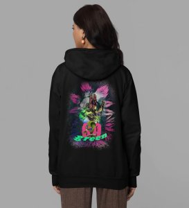 Roll with Nature Style That Celebrates the Green Life Black Cotton Printed Hoodie For Women