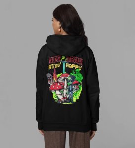 Good Vibes Only  Stay Trippy, Stay Happy Black Cotton Printed Hoodies For Women