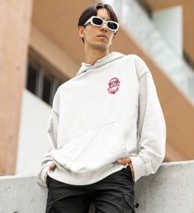 Santa Hanging on Lights Saying Hey Whats Up Printed White Cotton Hoodie