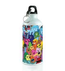 Playful Congestion of Creatures Doodles Printed Aluminium Water Bottle 600ml