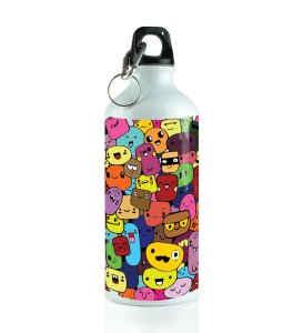 Creative Little Mobs with Funny Emotions Doodles Printed Aluminium Water Bottle 600ml