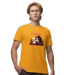 Dosti Is Peace Yellow Round Neck Cotton Half Sleeved Men T Shirt with Printed Graphics