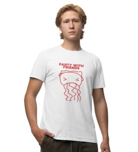 Party With Friends White Round Neck Cotton Half Sleeved Men T Shirt with Printed Graphics