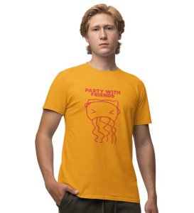 Party With Friends Yellow Round Neck Cotton Half Sleeved Men T Shirt with Printed Graphics