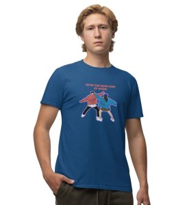 Same Kind Of Wierd Blue Round Neck Cotton Half Sleeved Men T Shirt with Printed Graphics