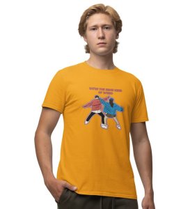 Same Kind Of Wierd Yellow Round Neck Cotton Half Sleeved Men T Shirt with Printed Graphics
